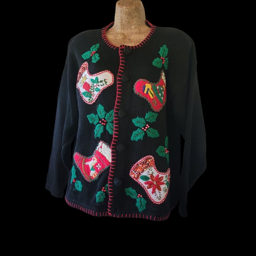 Vintage Christmas Cardigan Sweater With Embroidered Stockings & Holly